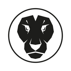 Lion head silhouette in line circle. Wild animal black shape. Vector isolated on white