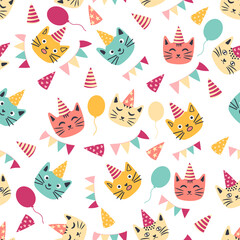 seamless pattern of birthday celebration elements - balloons, gifts, flag, cake, cute cat in hat