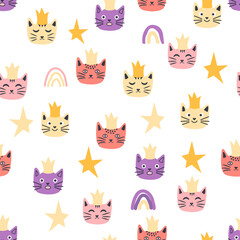 Seamless cat princess pattern. Cute princess cats seamless pattern, little kitty.