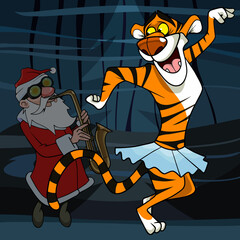 cartoon tiger in a skirt dancing to the music of Santa Claus on a saxophone