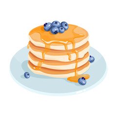 Pancakes with maple syrup, honey and blueberries.
Cartoon vector graphics.