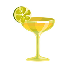 Glass of tequila and lime slice. Cartoon vector graphics.