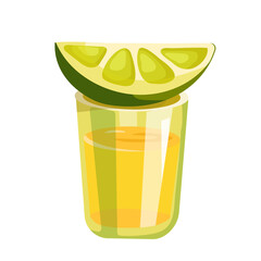 Stack, glass of tequila and slice of lime. Cartoon vector graphics.