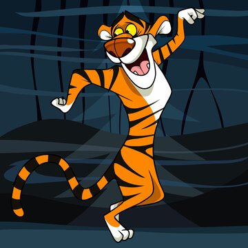 cartoon joyful tiger dancing standing on its hind legs