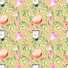 Pattern with gouache roller, body brush, olives, face mask kit.