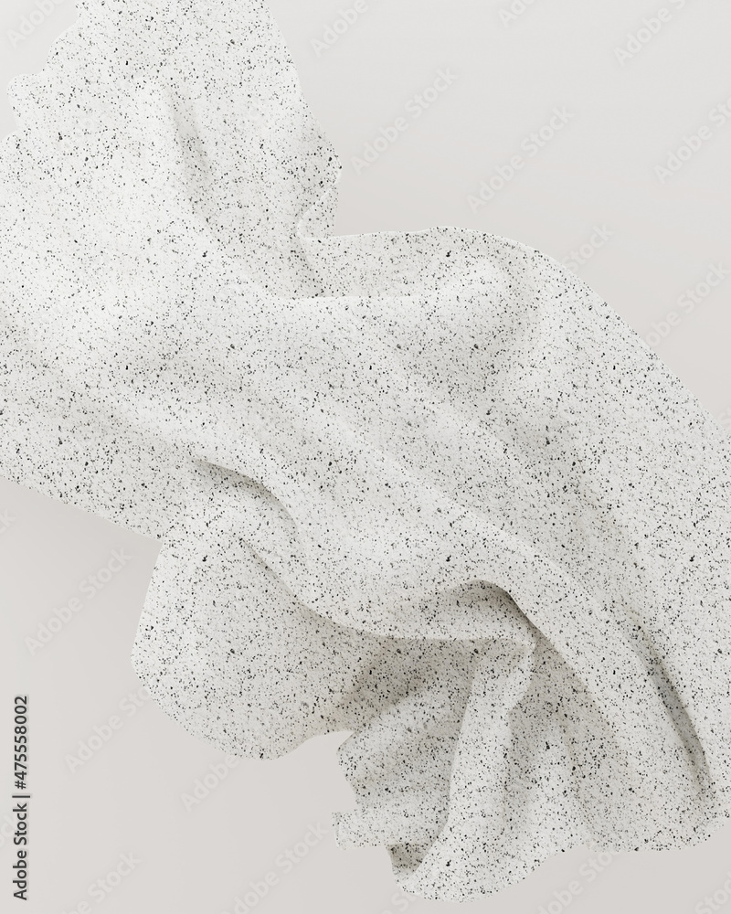 Poster 3d rendering illustration og flying soft fabric with concrete material. small black dots design. tem