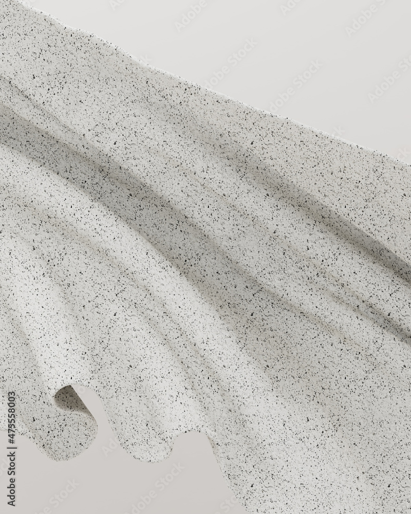 Poster 3d rendering illustration og flying soft fabric with concrete material. small black dots design. tem