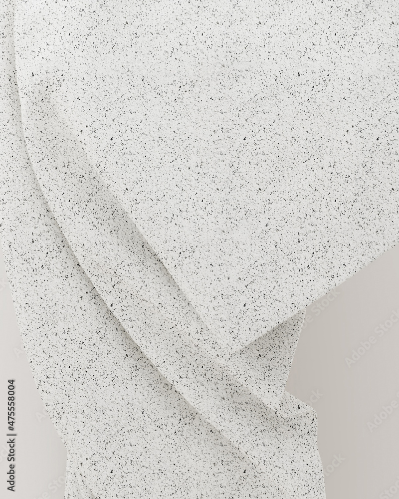 Poster 3d rendering illustration og flying soft fabric with concrete material. small black dots design. tem