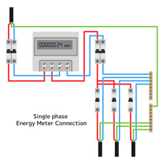 Single-phase network energy meter connection diagram. Vector illustration.