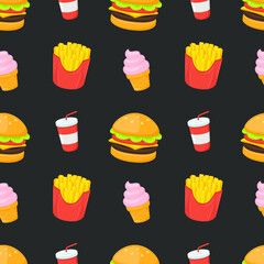 Menu Icon Emoji Pattern. Fast Food Seamless Background Symbols. Doodle Emoticon Illustration Design Vector.