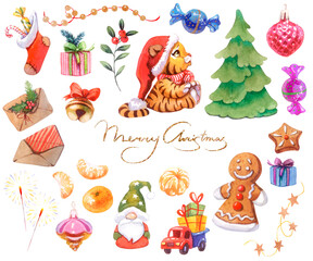 Obraz na płótnie Canvas Set of Christmas decorations and ornaments, signed Merry Christmas. Watercolor illustration, hand painted, isolated on white background. Image for greetings, posters, cards, wrappings, decorations, de