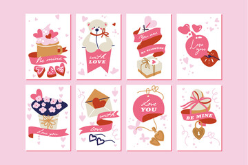 Vector Valentines template greeting cards with attributes, signs and love symbols. Cute romantic backgrounds.