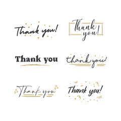 Thank you text lettering collection. Thanks message in hand drawn style typo. Handwriting letter with golden frames collection.