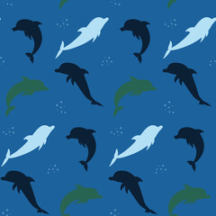 Seamless pattern silhouettes of dolphins in the sea. Color vector illustration.