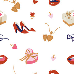 Vector illustration set of cute objects and icons for Valentine s Day. Seamless pattern.