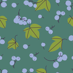 Vector illustration branches of black currant berries and green leaves. Seamless pattern.