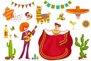 Set of Mexican items, people, skulls, tequila, piñatas, food, guitar for decoration
Cinco de Mayo holiday.Cartoon vector graphic.