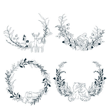 Set of four delicate floral wreaths, line art