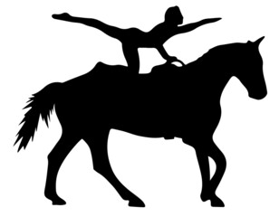Black and white vector flat illustration: elegant vaulting horse and rider silhouette