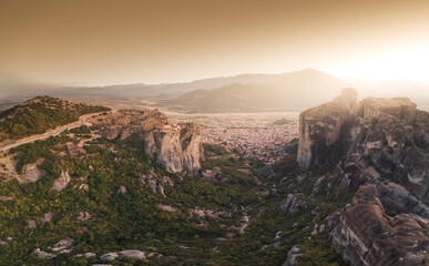 Aerial view over Meteora, a rock formation in central Greece hosting one of the largest most precipitously built complexes of Eastern Orthodox monasteries. Kalampaka, Greece, Europe