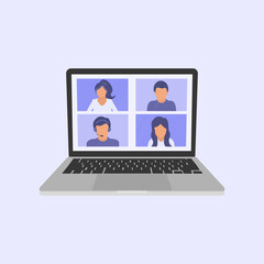 Conference video call. Online meeting in video call. Web Video Conference. Team using laptop for a online meeting. Working from home share ideas brainstorming. Vector illustration.