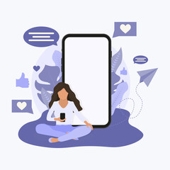 Girl are sitting near by smartphone and using own smartphones with social media elements and emoji icons on the background. Flat vector illustration.