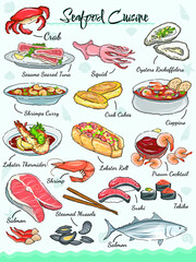 Seafood cuisine set Seafood vector illustrations. Fishes, sushi rolls, oysters, mussels, lobster, squid, octopus, crabs, prawns, fish fillet, luminaria and seaweeds. Seafood animals doodled style.