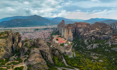 Fototapeta na wymiar Aerial view over Meteora, a rock formation in central Greece hosting one of the largest most precipitously built complexes of Eastern Orthodox monasteries. Kalampaka, Greece, Europe