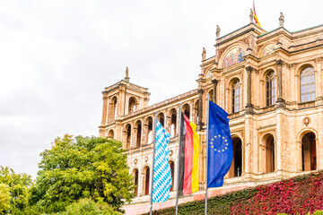 A wide view of the historic palace Maximilianeum in Munich in Bavaria