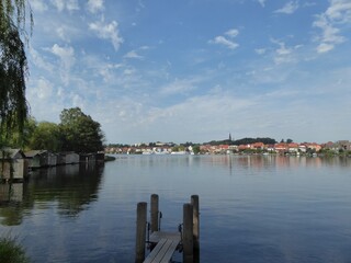 View over lake Malchow to the city of Malchow, Mecklenburg-Vorpommern, Germany