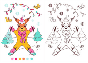 Coloring book for children. Christmas squirrel