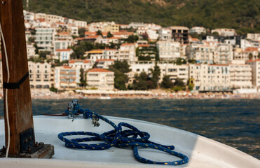 Beautiful landscape, sea trip in motor boat along the Adriatic coast near Budva, Montenegro, Europe
