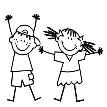 Two children, boy and girl, black and white vector illustration, coloring page