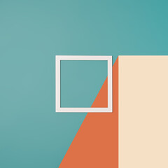 Colorful geometric pastel background with a square white frame in the middle. Minimal creative flat lay