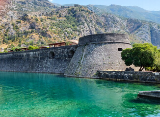 St John's Fortress (Sveti Ivan), ancient fortress, historical buildings in the old town of Kotor, Montenegro, Europe, Adriatic sea and mountains.