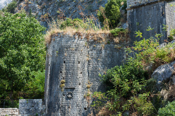 St John's Fortress (Sveti Ivan), ancient fortress, historical buildings in the old town of Kotor, Montenegro, Europe, Adriatic sea and mountains.