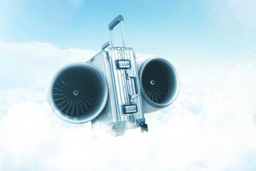 Metal suitcase with turbines flies in the sky with the clouds for the vacations. Travel creative. Plane flies to summer vacation, concept © alones