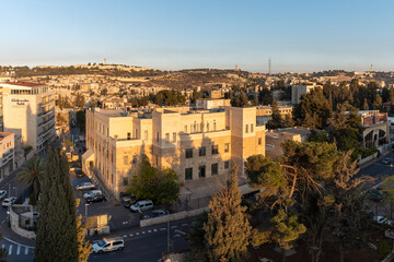 Overview of Jerusalem from the tower of St. George's Cathedral in late afternoon in Israel
