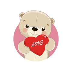 Fototapeta premium Cute Teddy Bear with lred heart. Happy Valentine's Day greeting card. Animal cartoon character in love holidays.