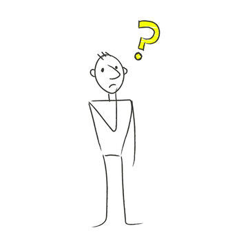 Confused stick figure thinking with yellow questionmark over his head