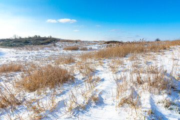 Snowy landscape with hills and meadows in Buytenpark Zoetermeer, the Netherlands