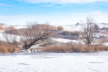 Snowy landscape with hills and meadows in Buytenpark Zoetermeer, the Netherlands