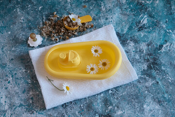 Chamomile herb, for baby hygiene, yellow boat, duckling bath attributes