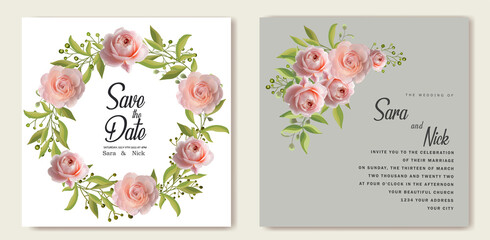 wedding invitation card template set with pink rose bouquet wreath leave watercolor painting
