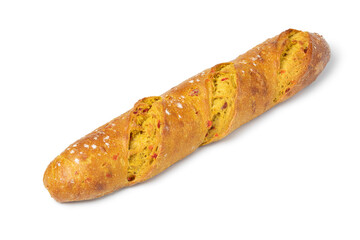 Single fresh baked homemade baguette with curry and tomato seasoning isolated on white background