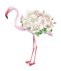 Watercolor flamingo with a bouquet of pink roses on a white background
