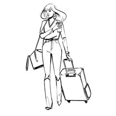 Pleasant journey! Fashion illustration of a young woman travelling in fashionable style, walking pulling a trolley suitcase in an airport terminal or train station.