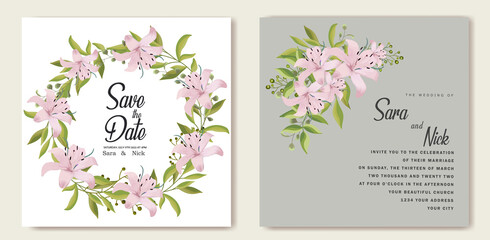 Floral wedding invitation card template design, Somei Yoshino sakura flowers with ampersand lettering on white, pastel vintage theme
