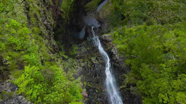 Risco waterfall in Madeira from a bird's eye view - 4k drone shot. View from the top of the Risco waterfall in Madeira. Lush tropical greenery.