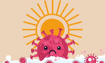 Summer sun kill covid virus concept epidemic vector illustration. Sunlight ultraviolet ray destroy and clean coronavirus. Sterilization microbe UVC infection. Disinfect pandemic and stop virus danger